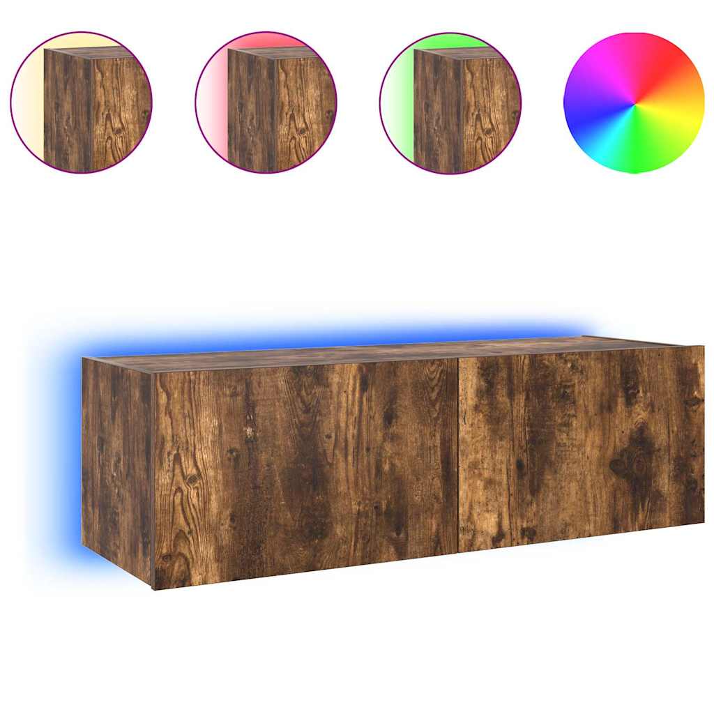Wall Mounted TV Cabinet with RGB LED Lights Smoked Oak Finish 100 x 35 x 31 cm
