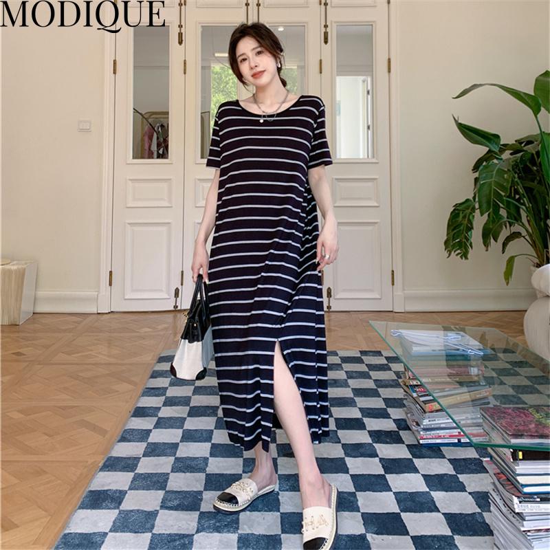 MODIQUE Summer Plus Size New Dress Shirt Women Loose Striped Solid Cotton Linen Backless Dress Casual Female Dresses O-Neck Short Sleeve