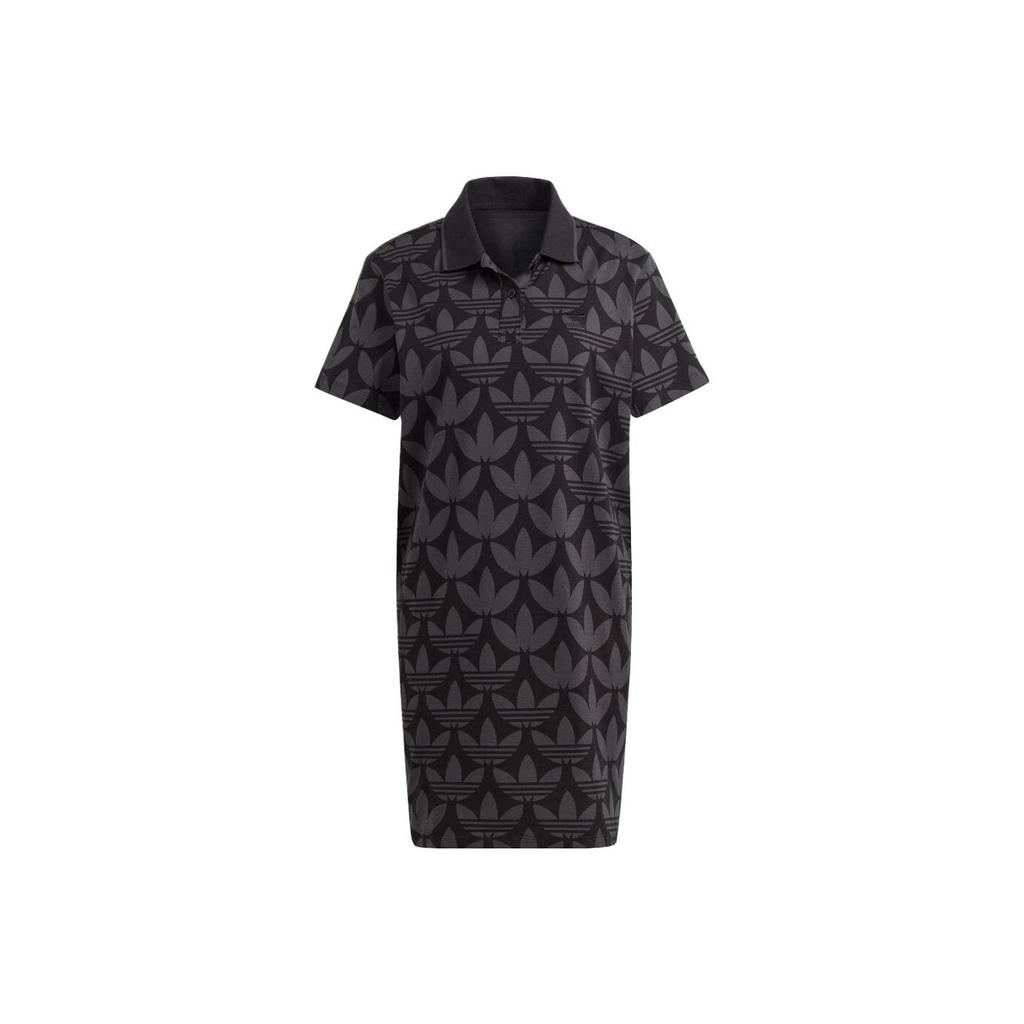 Adidas Originals Logo Print Casual Mid-Length Polo Dress Women Dresses Black II3183