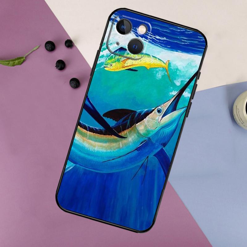 Blue Marlin Painting Case For iPhone 16 15 14 13 12 11 Pro Max Plus X XS Max XR 7 8 Cover Accessories