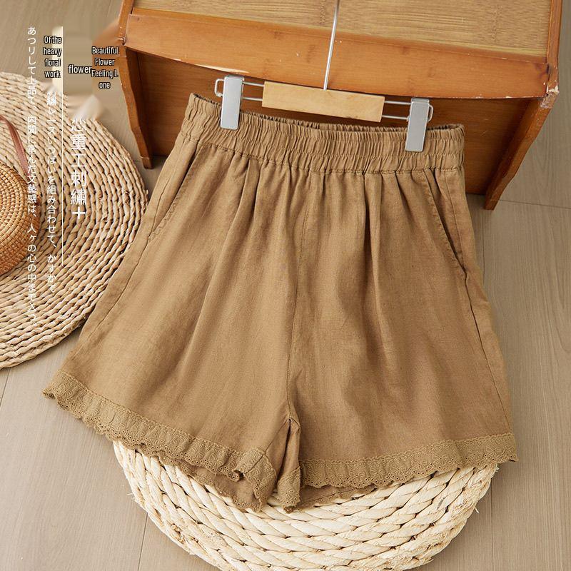 2026 Summer Fashion Cotton Linen Lace Shorts: Breathable, Loose, Casual Hot Pants L хаки