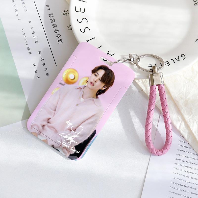 BTS Sliding Photocard Holder, Protective ID Badge Card Case with Braided Keychain Strap, Student Campus Bus Meal Card Protector Merch for ARMY