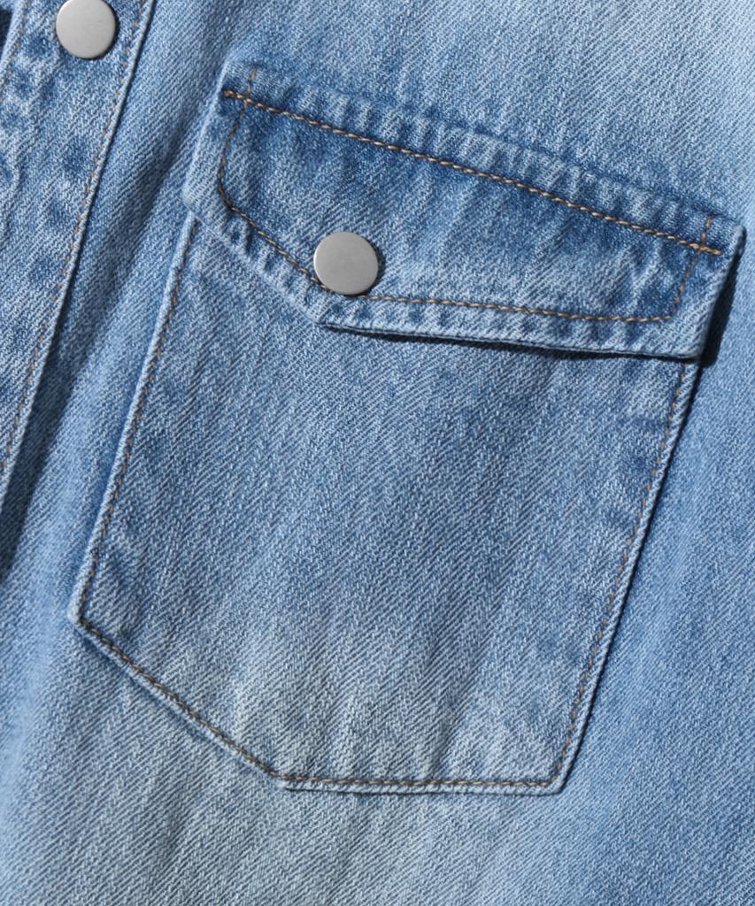 TRILLION Rain Slub Washed Oversized Denim Short Sleeve Shirt (Sky Blue)