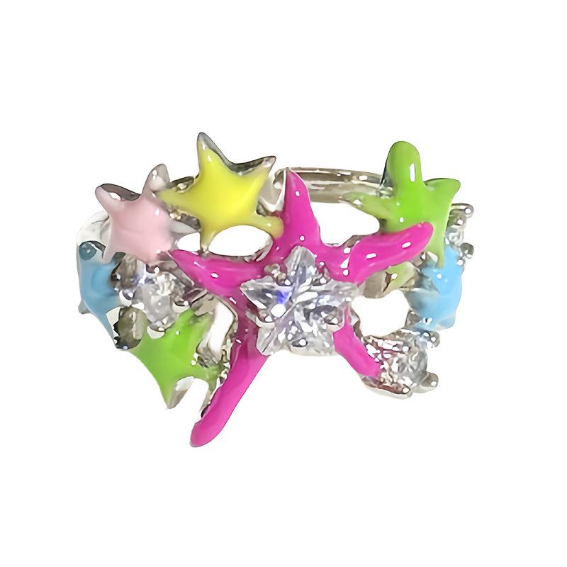 Pentagram Tropföl Süßer Kühler Wind Offener Ring Hoher Sinn Leichter Luxus Retro Emaille Schmuck Dopamin Ring