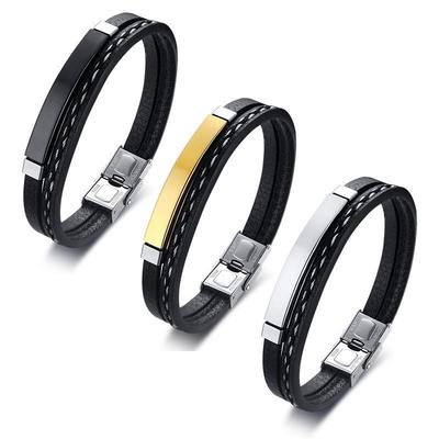 Bracciale da Uomo Nero in Acciaio Inossidabile e Pelle PU Intrecciata - Stile Europeo e Americano, Design Curvo, BL-474