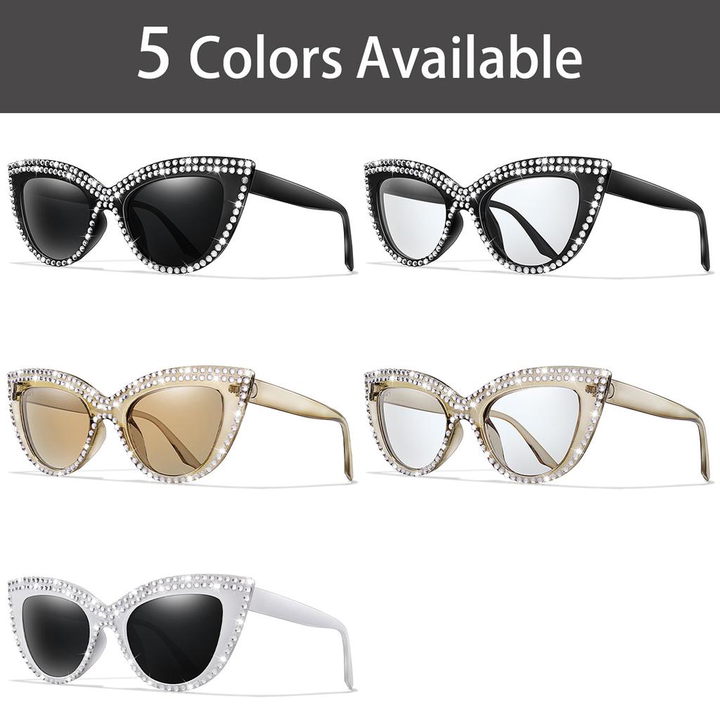 2 Pairs Trendy Glasses for Women Cat Eye Limation Diamond Beautiful Streetwear Decoration Eyewear for Party, Travel Vocation