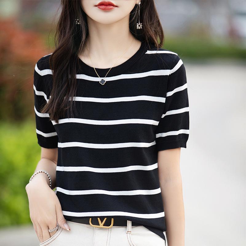 

Женская футболка с коротким рукавом, из льна с полосками и изогнутыми бусинами X-Large чёрный