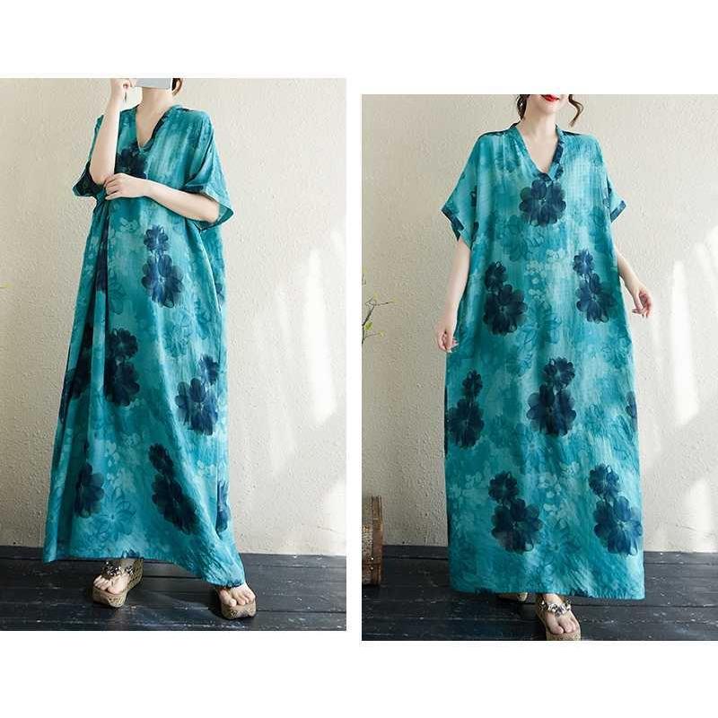 Women's Thin Cotton and Linen Loose Artistic Dress Retro Long Robe