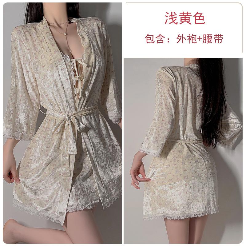 Women's Velvet Print Cutout Tie Padded Sleep Dress with Robe Lounge Set
