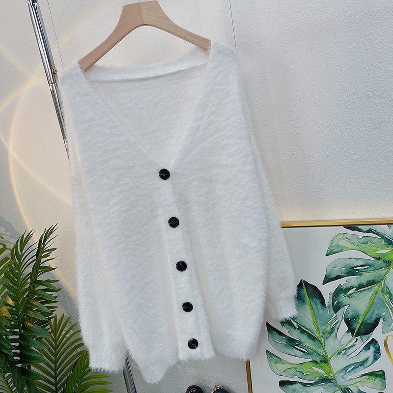 Mink Cashmere V-Neck Knit Cardigan: 2026 Spring/Autumn Korean Style Loose Sweater Coat for Women
