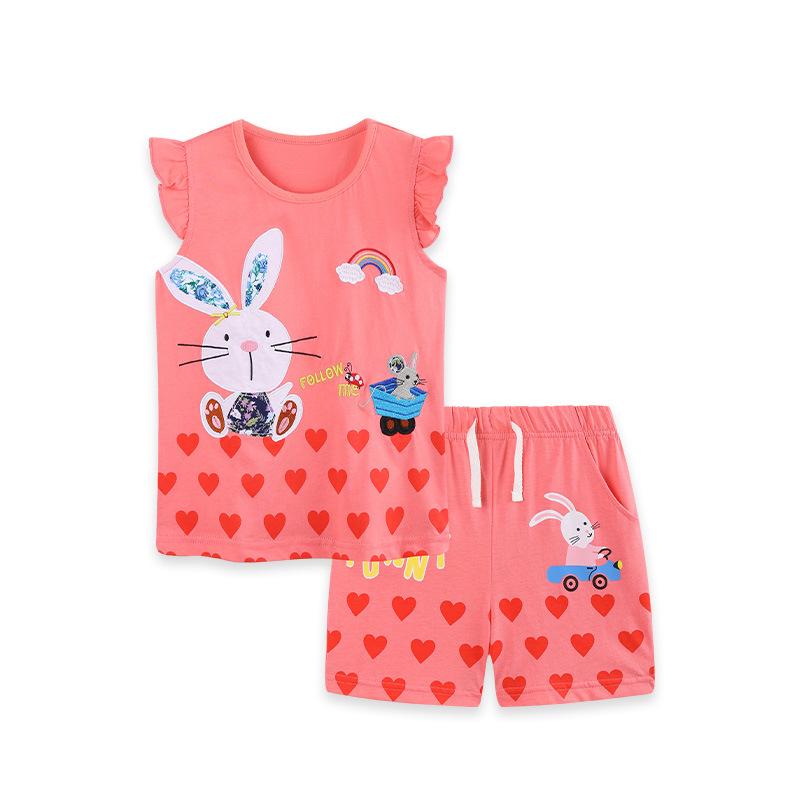 Summer 26 Rabbit Embroidery Toddler Set: Short Sleeve Knit Cotton Two-Piece 3 Years (100cm)
