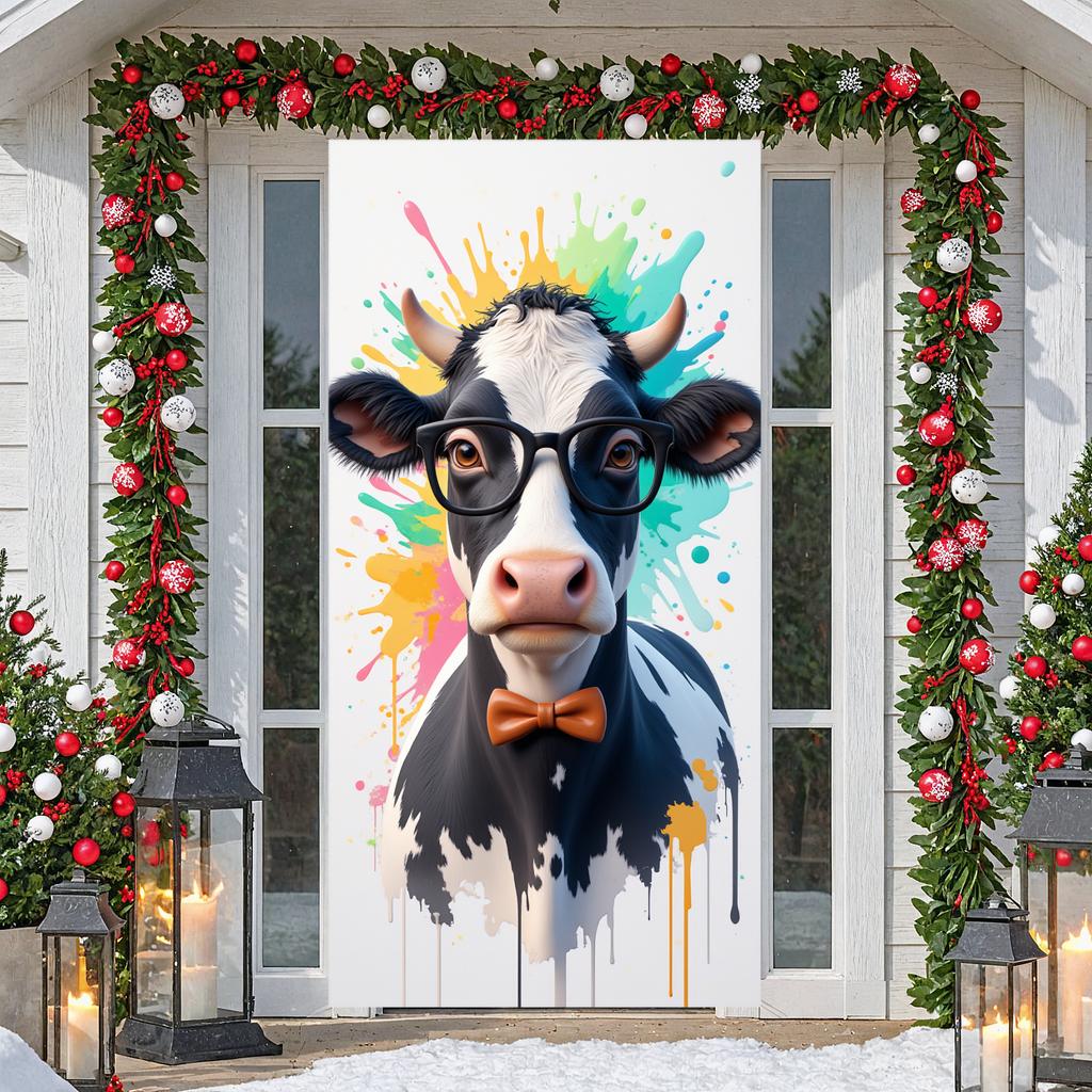 Hipster Cow Banner Artistic Artistic Cow Backdrop Playful Cow Banner Black Eyeglasses For Kids' Party Outdoor Gathering