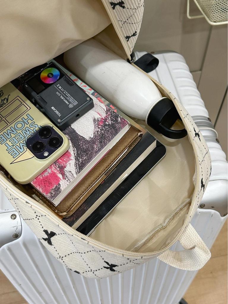 Bow Print Backpack for Junior/Senior High School, Versatile Casual Double-Compartment Student Bag