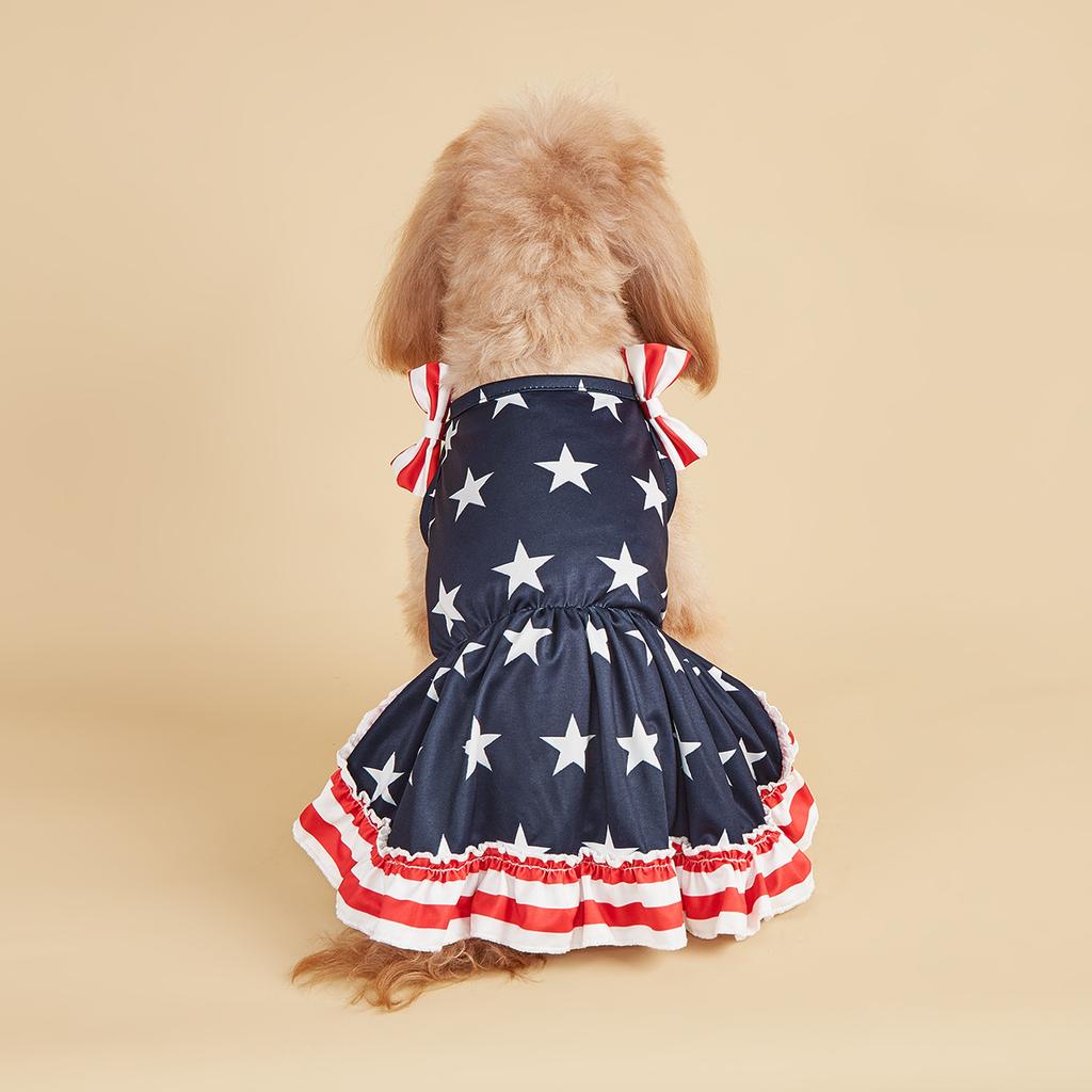 Striped Dress Shirt Cute Bowknot Sundress American Flag Stars Printed Princess Summer Puppy Apparel Clothes with Ruffles for Sma