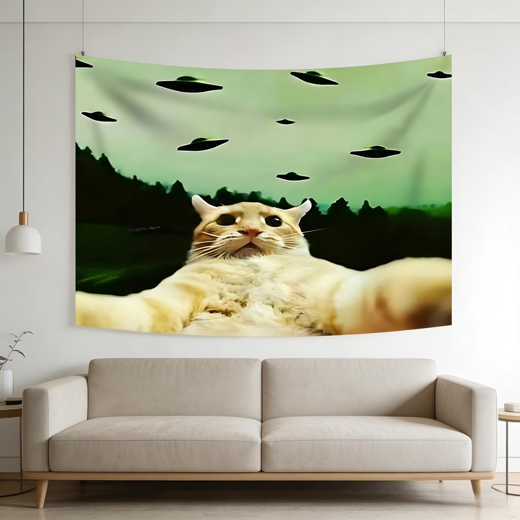 UFO Alien Cat MultiScene Decorative Tapestry for Living Room Bedroom Office Bar Party Wall Art MultiSize Flat Print Design