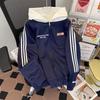 Vintage Splicing Three-bar Hooded Sweater Men's and Women's New 2026 Spring and Autumn Zipper Baseball Jacket