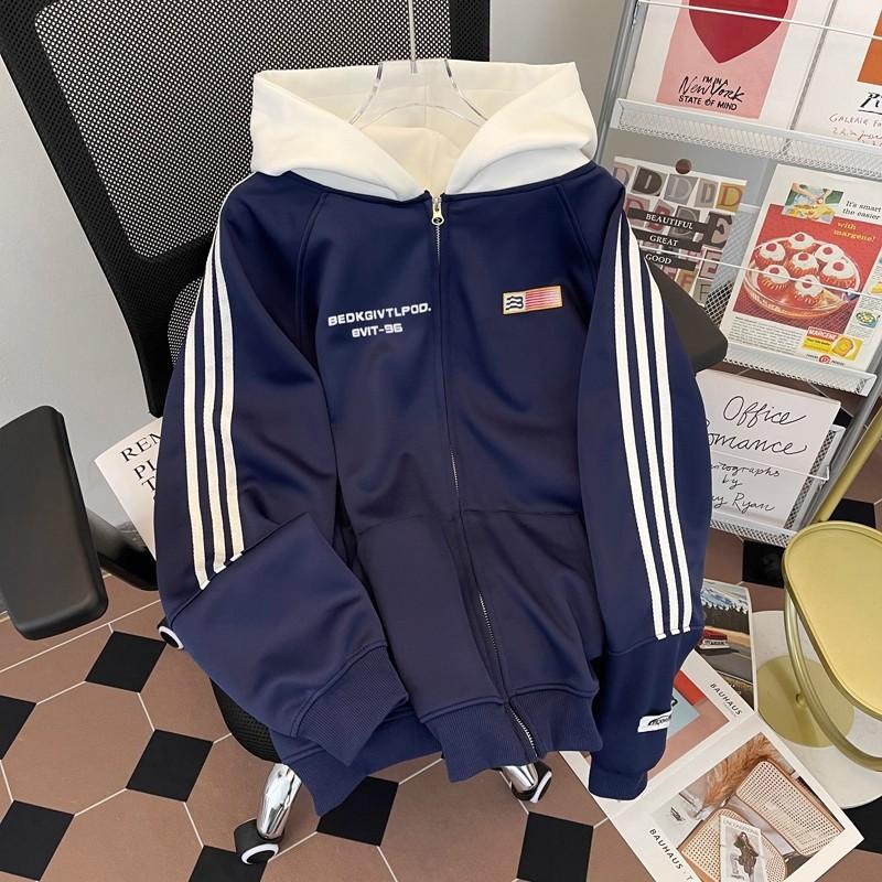 Vintage Splicing Three-bar Hooded Sweater Men's and Women's New 2026 Spring and Autumn Zipper Baseball Jacket