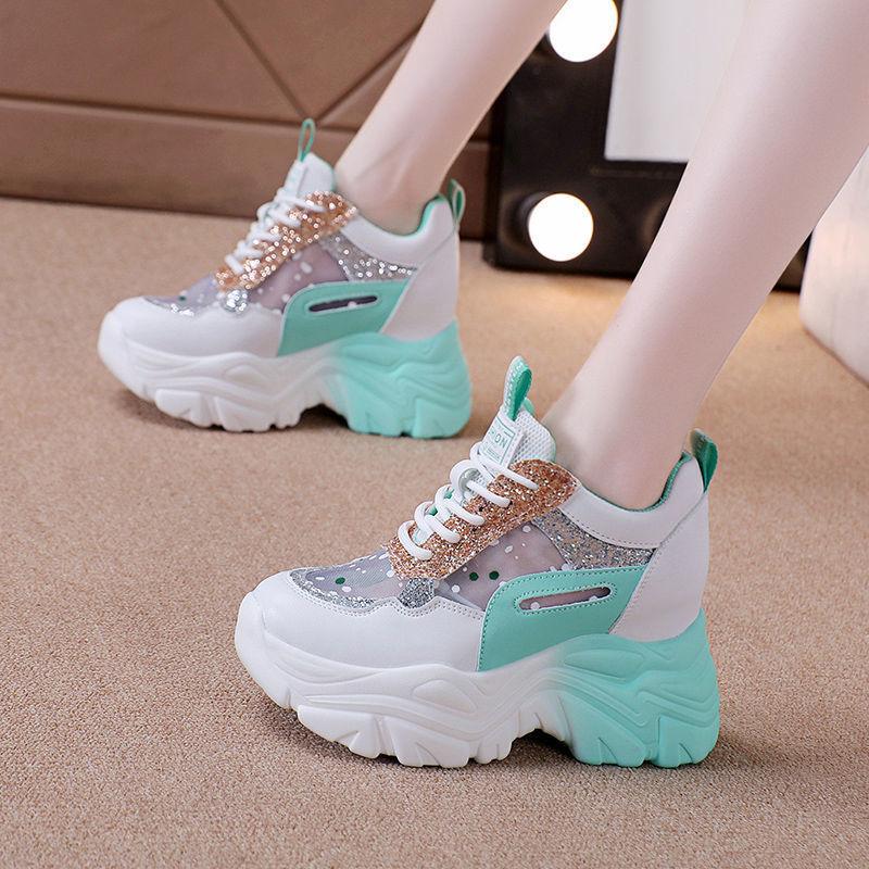 Fashion Women's Mesh Breathable Shoes Summer Sequins Blue Ladies Footwear High on Platform Offer New in Comfortable and Elegant Casual