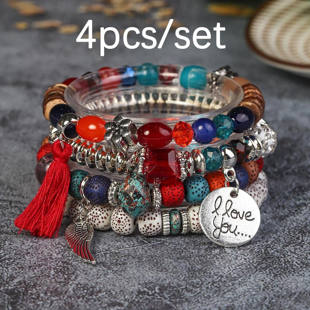 Bohemian Beaded Bracelet Set with Wing Pendant and Tassels