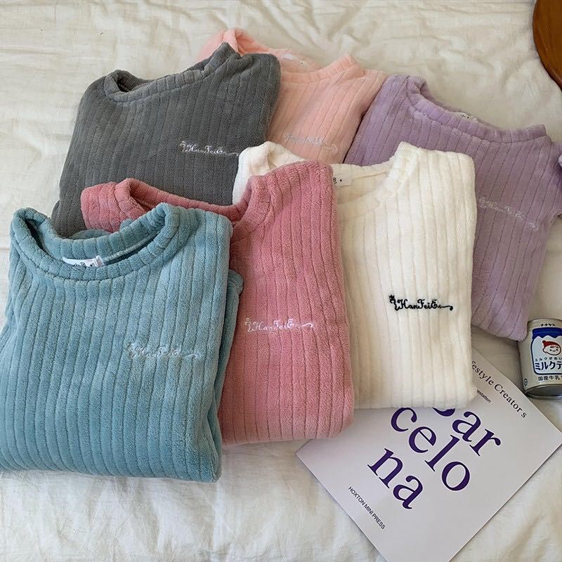 Solidna flanelowa piżama damska niebieska z okrągłym dekoltem koreańska słodka dziewczyna dorywczo luźna jesienno-zimowa ciepła bielizna nocna elegancki trend