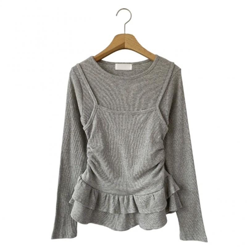 New Arrivals Open Run Women Cotton Spandex Ribbed Layered Long Sleeve Tee
