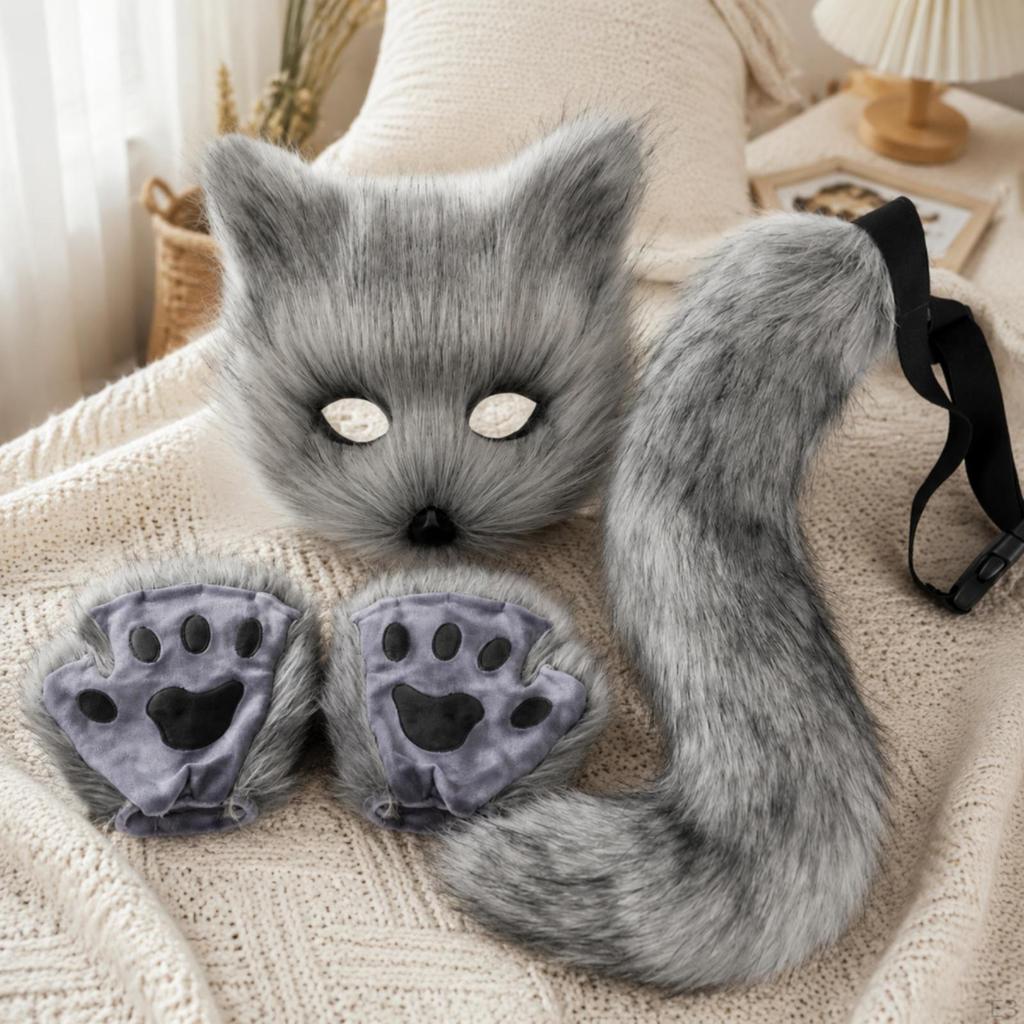Furry Canine Dress-Costume Set Fuzzy Face Covering with Gloves Adjustable