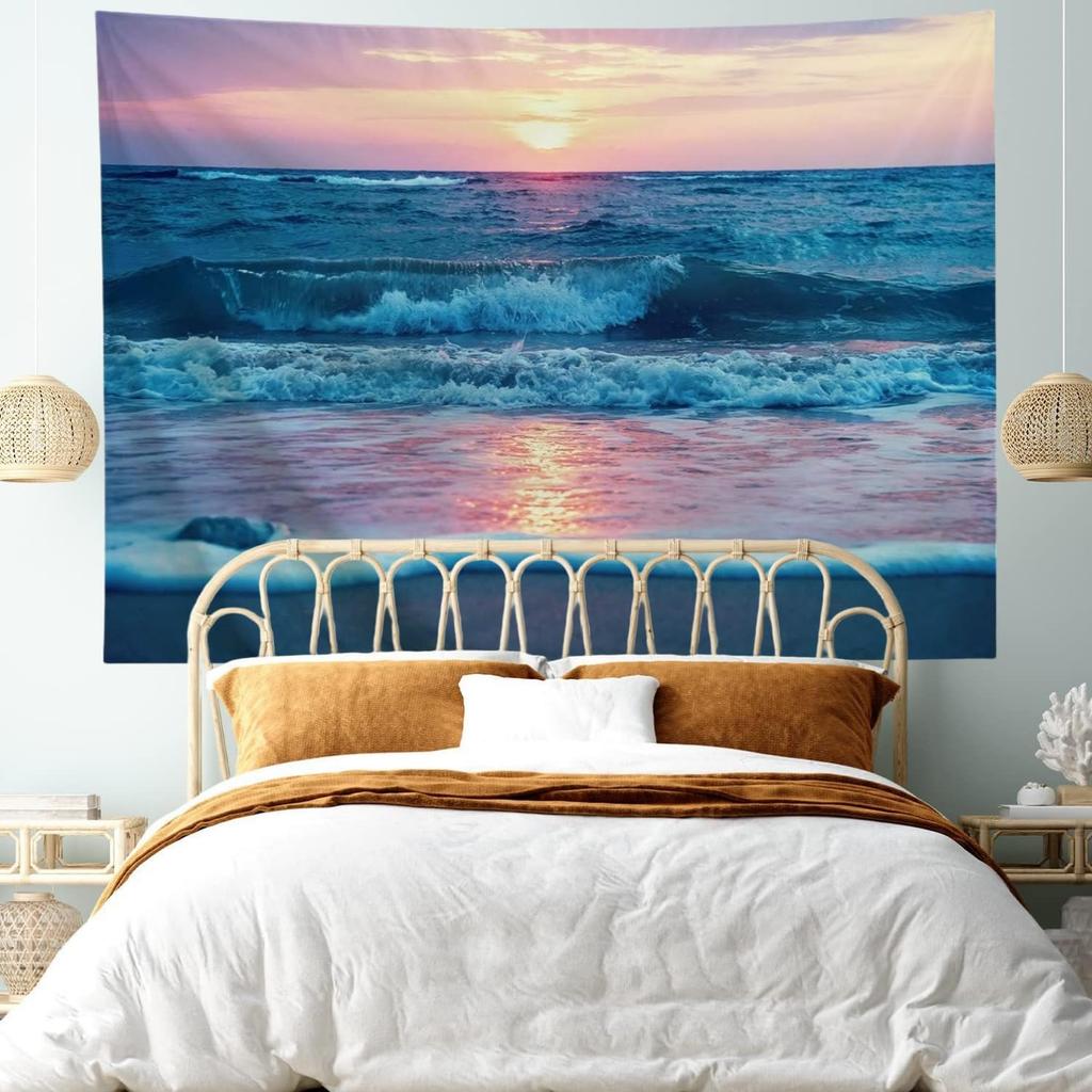 Ocean Tapestry Wall Hanging, Sea Beach Wave Sun Cloud Landscape Scenery Nature Wall Art [Double-Folded Hems] Bohemian Home Decor