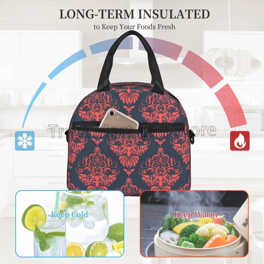 Baroque Damask Luxury Pattern Insulated Lunch Bag for Women Men Resuable Portable Bento Tote Bags with Adjustable Shoulder Strap