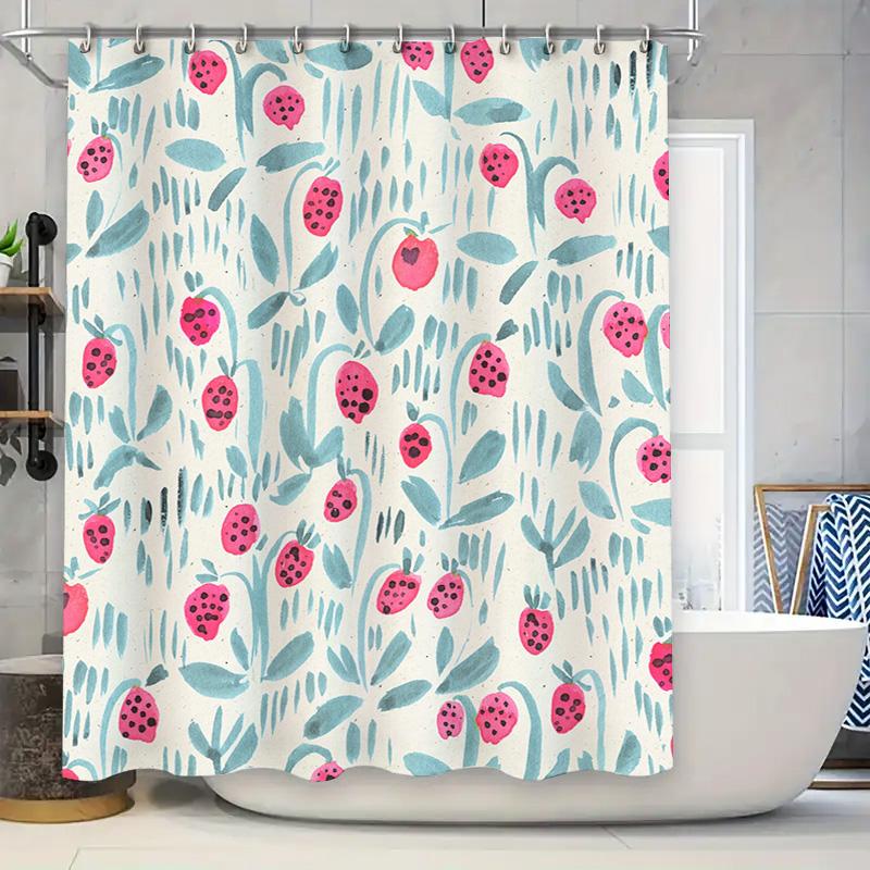 

Strawberry Pattern Shower Curtain Blue Green Leaves Pink Fruits Cute Bathroom Decoration For Home Decor. This 128-Character Alie W60H190(CM)-1 Pcs