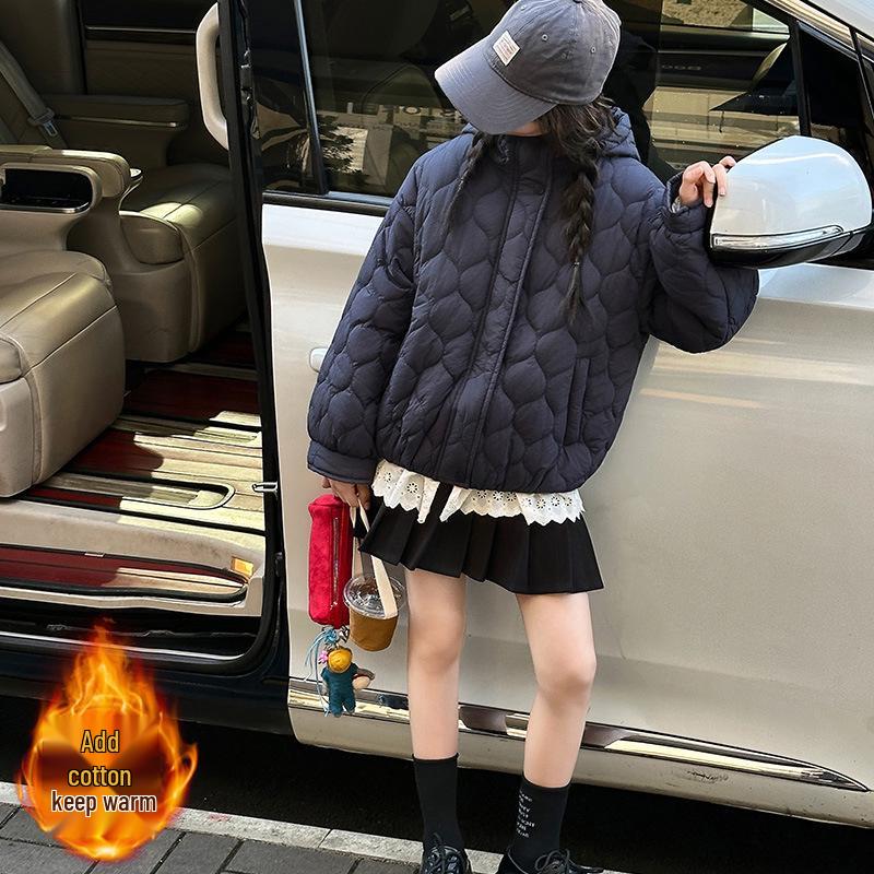 

Модная хлопковая куртка для девочек 2025 года на флисовой подкладке - Толстое зимнее пальто 130 cm темно-синий