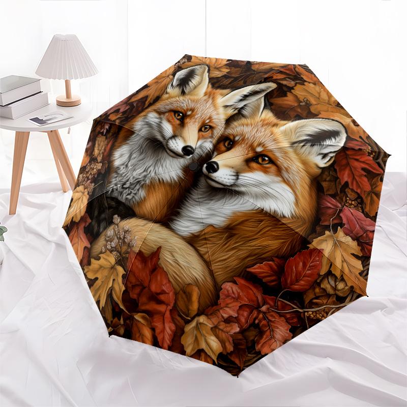 0106 Fox Family  pattern, automatic folding umbrella, portable and foldable design, 8 ribs, a Christmas or birthday gift.
