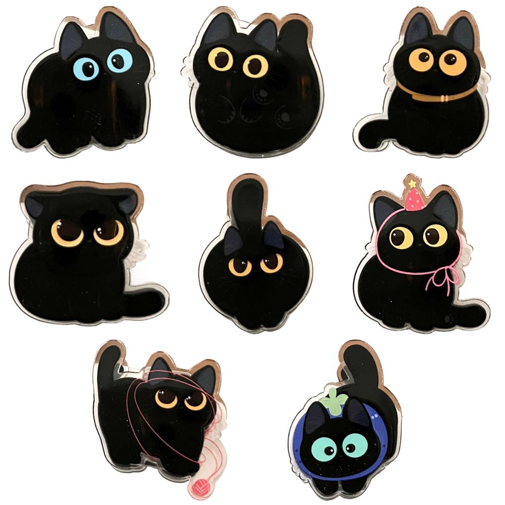 8 stuks Schattige Zwarte Kat Acryl Broche Set Kawaii Dierlijke Reversspelden Cartoon Badge Accessoire voor Rugzak Kleding Decoratie zwart
