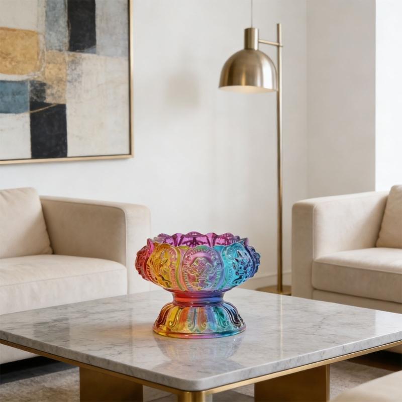 Elegant Glass Lamp Stand With Traditional Eight Favorable Pattern For Worship And Home Display