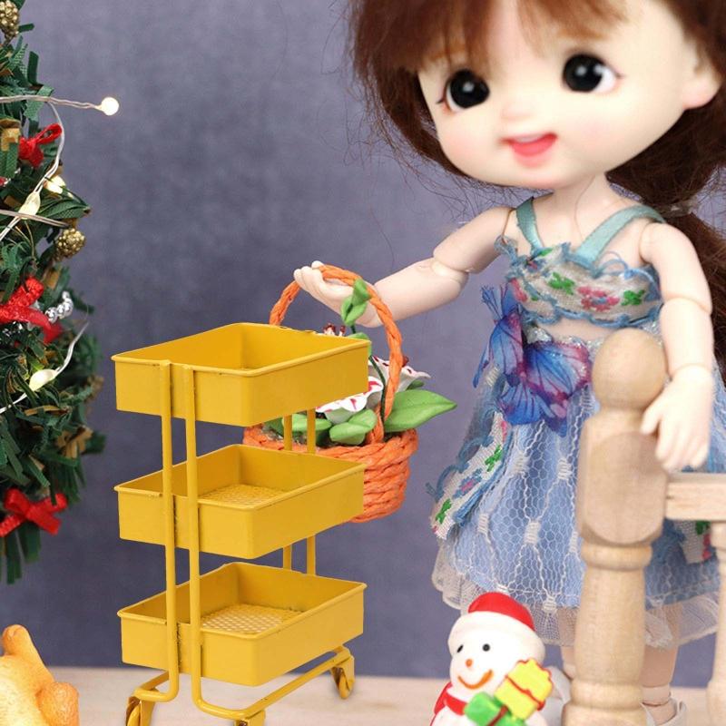 Mini for Doll Furniture Dollhouse Iron 3 Tier Trolley Storage Rack DIY for Doll House Kitchen Furniture with Wheels Acce