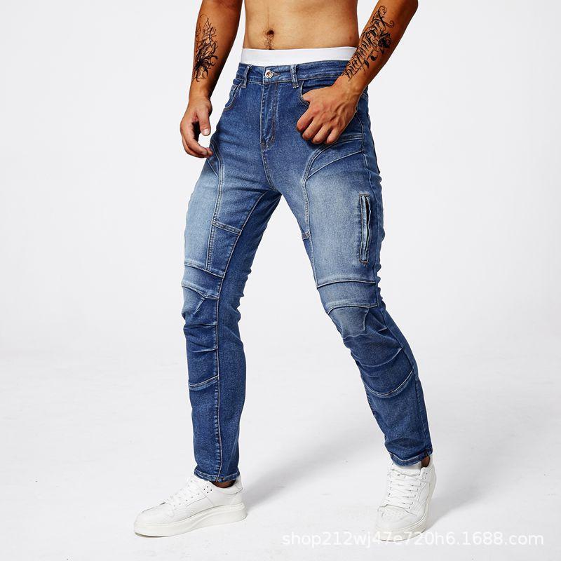 Jeans in stile motociclista da uomo, moda street europea, jeans skinny elasticizzati slim-fit, jeans dritti da uomo