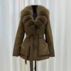 Giacca invernale nuova con collo in vera pelliccia di volpe e piumino d'anatra da donna, lunghezza media e lunga, alla moda, vestibilità ampia, ispessita, calda