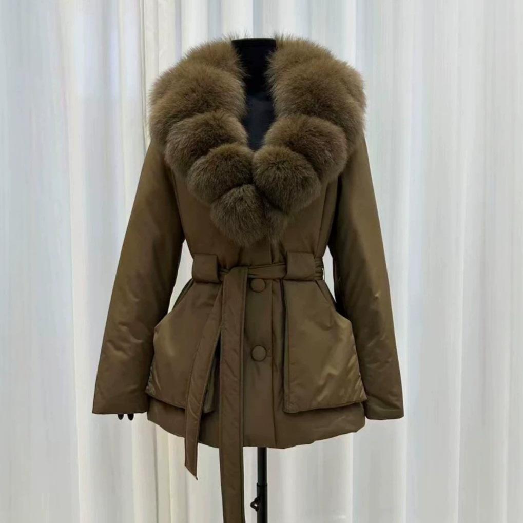 Giacca invernale nuova con collo in vera pelliccia di volpe e piumino d'anatra da donna, lunghezza media e lunga, alla moda, vestibilità ampia, ispessita, calda
