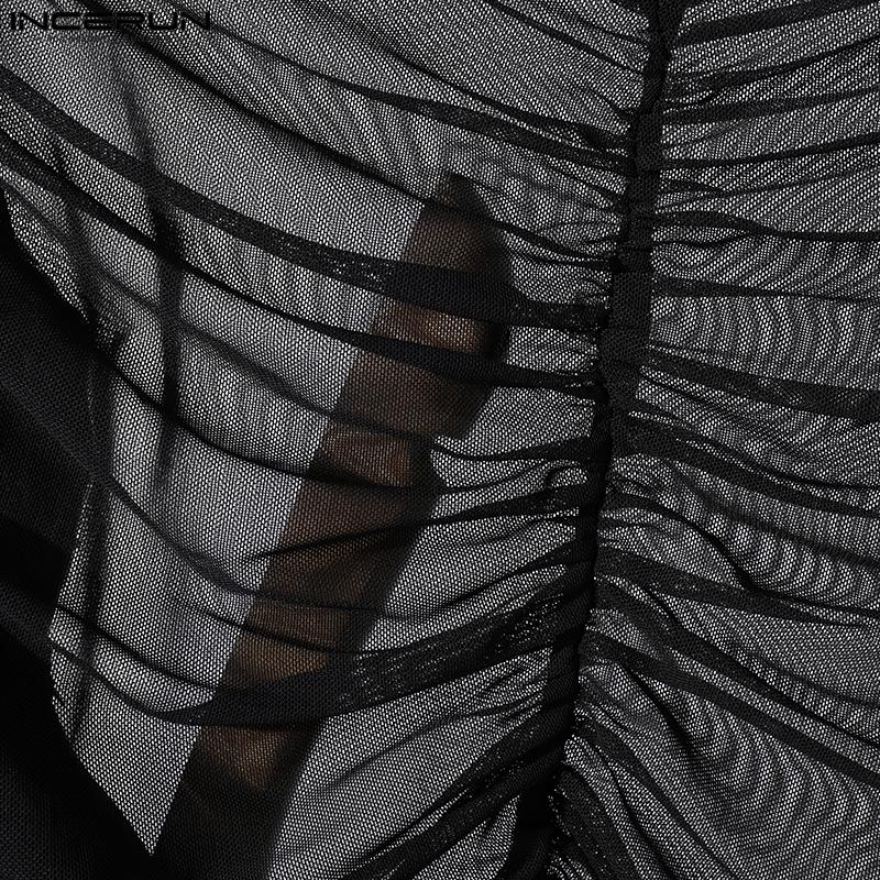 INCERUN Herren Langarm PU Leder Patchwork Durchsichtige Tops Mesh Transparente T-Shirts