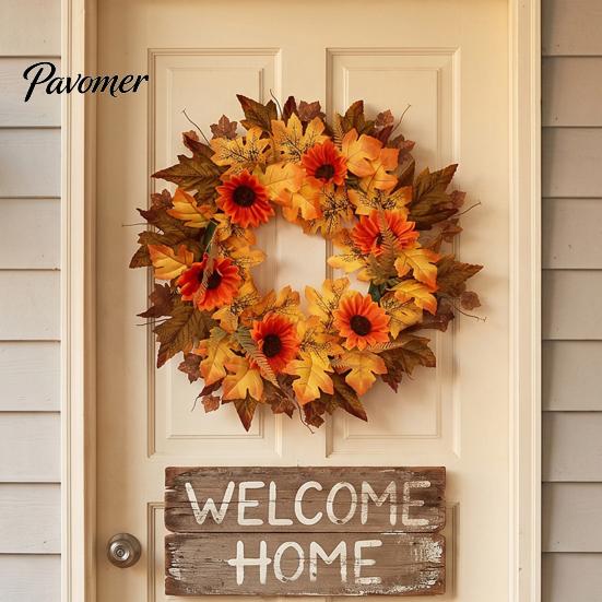 Artificial Sunflower Wreath Fall Maple Leaf with Pumpkin Pinecone, Thanksgiving Harvest Outdoor Weatherproof Floral Swag Wreath, Indoor Autumn