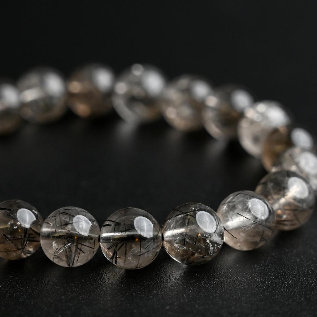 Brățară Cuarț Rutilat Fumuriu Negru Turmalină în 16cm Încheietură Putere Naturală Limitată Rugăciune Noroc Feng Shui [Eigado] (Cuarț Negru), Piatră de 9,5 mm,