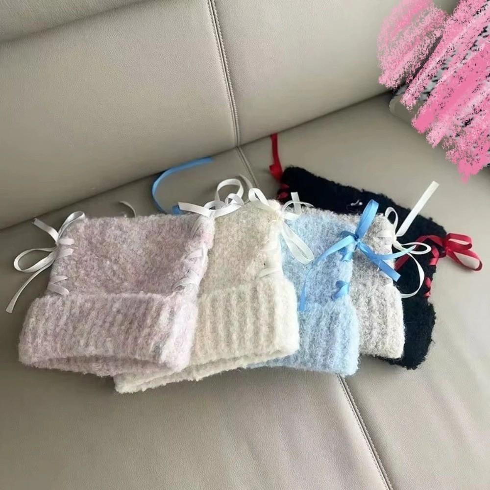 Sweet Bow Ribbon Pullover Hat Windproof Plush Beanie Fashionable Knitted Beanie  for Women Girl