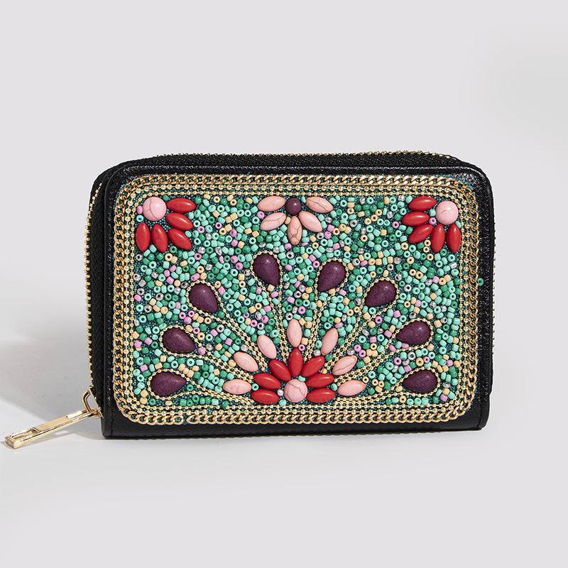 Bohemian Style PU Zipper Card Holder & Coin Purse with Butterfly and Flower Design