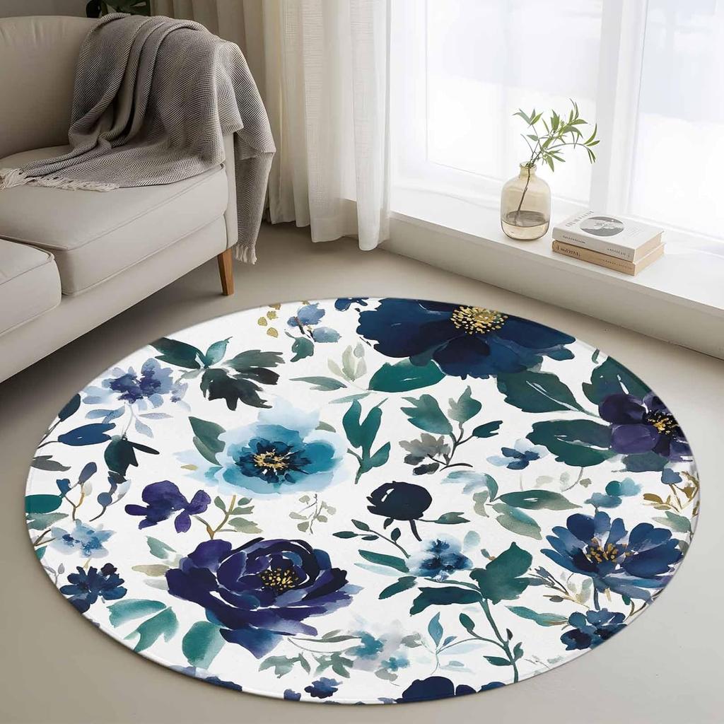 Bohemian Style Flower Round Rug Tropical Home Decor Non-Slip  Carpet Indoor Outdoor Decor Mat for Living Room Bedroom Kitchen
