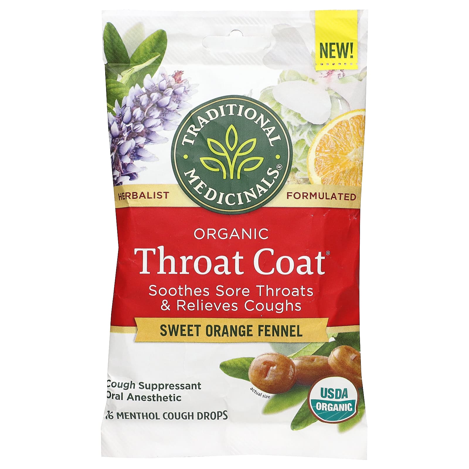 

Organic Throat Coat® Drops, Sweet Orange Fennel, Menthol 16 Cough Drops