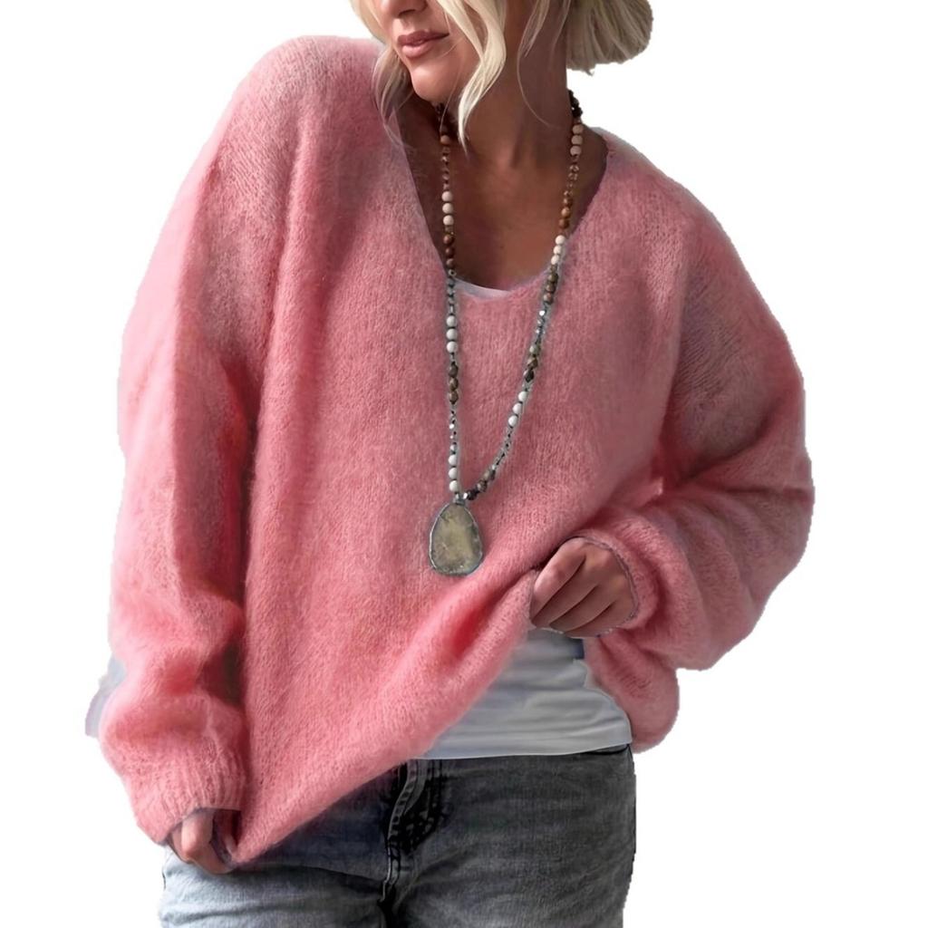 Women's Solid V-neck Long Sleeve Loose Sweater Fall Winter Soft Lazy Style Pullover Knit Top