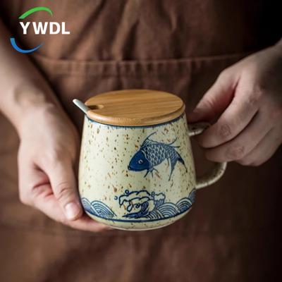 350ml Japoński Retro Ceramiczny Kubek do Kawy z Pokrywką i Łyżeczką Kubki Śniadaniowe do Mleka Domowy Odporny na Ciepło Kubek do Herbaty Tumbler Kubek na Wodę Prezent