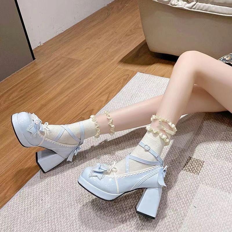 Fashion Women Platform Lolita Shoes Bow Thick Heel Mary Janes Shoes Party Banquet Shoes Sweet Princess Style College Style Leather Pumps