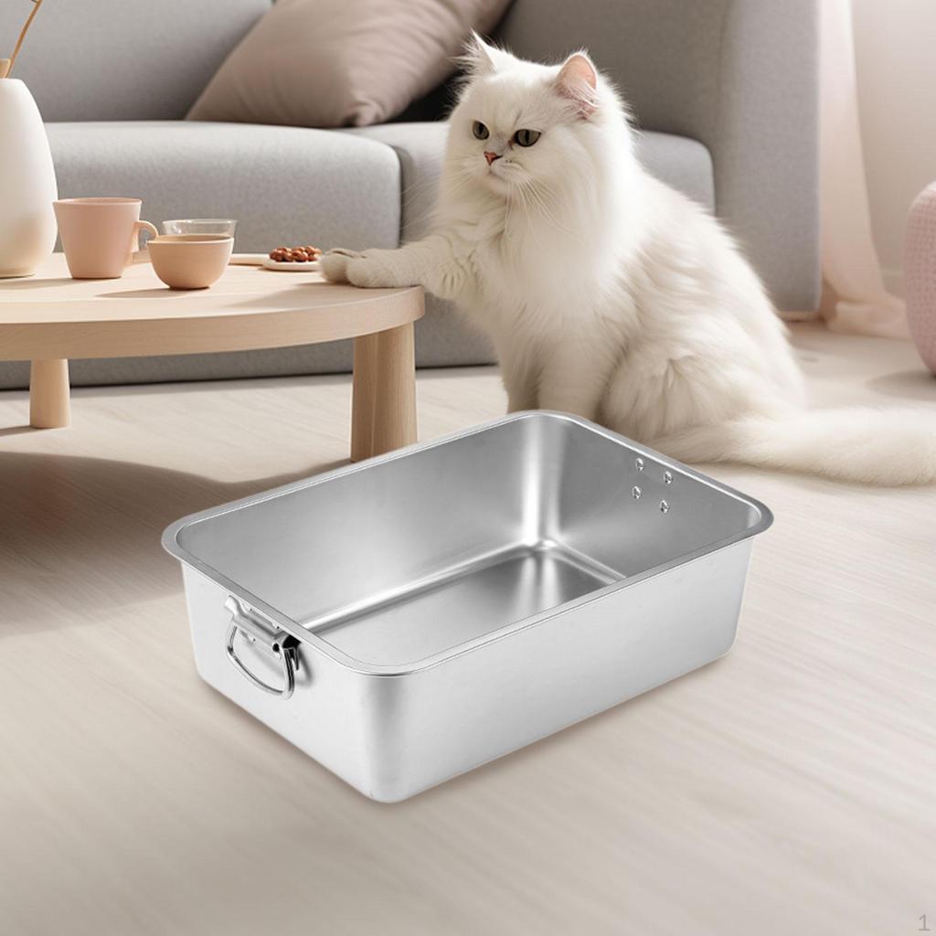 Cats Litter Box Kitten Pan Stainless Steel with Handles Anti Splashing Easy To Clean, Cat