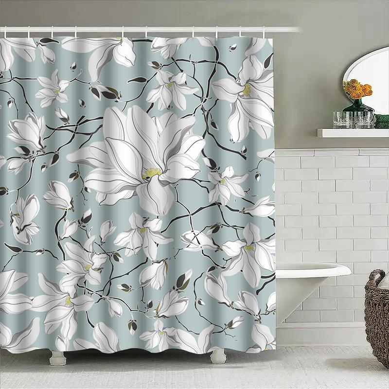 Delicate White Flower Pattern Shower Curtain Bathroom Decor Waterproof Fabric Perfect Addition For Your Bath Space (Green)