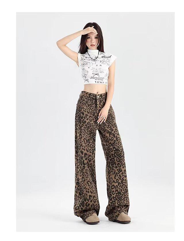 2024 Women's High-Waisted Leopard Print Wide-Leg Jeans for Petite - Autumn/Winter Collection
